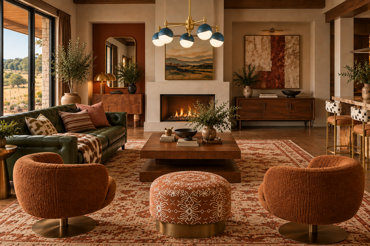 A luxurious, well-lit living room featuring a green leather sofa, two round rust-orange armchairs, a matching patterned ottoman, a wooden coffee table, and a large patterned area rug. A modern fireplace with a white surround and a brass multi-light chandelier are also visible.